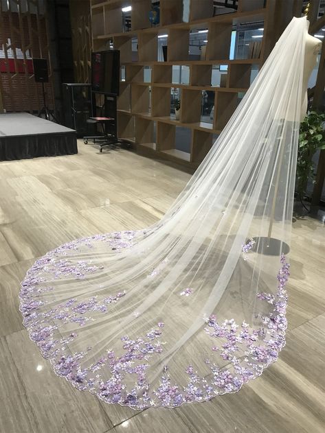 Lavender Lilac Wedding, Winter Lavender Wedding, Wedding Dress With Purple Flowers, Wedding Dresses With Purple Accents, Lavender Wedding Veil, Wedding Veil Flowers, Tangled Themed Wedding Dresses, Purple Accent Wedding, Lavender Silver Wedding