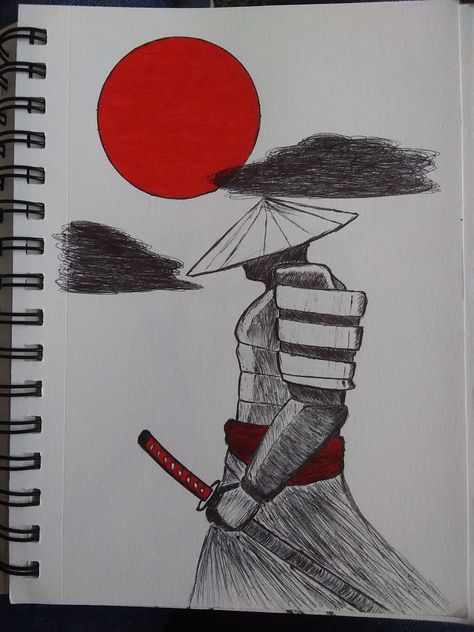 Samurai, drawing, pen drawing, monochrome, blood moon Drawing Ideas Samurai, Samurai Cartoon Art, Samurai Drawing Reference, Samurai Drawing Sketches, Samurai Art Drawing, Pro Drawings, Cool Art Sketches, Boxing Drawing, Samurai Sketch