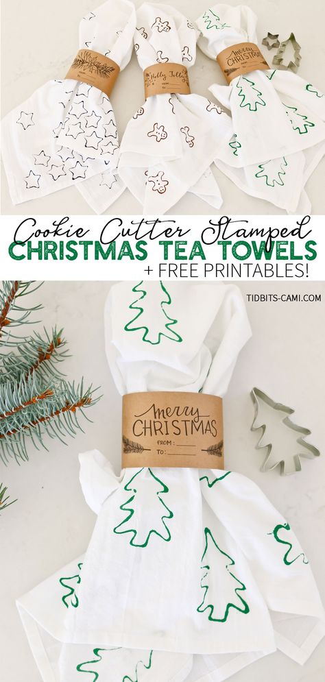 Darling Cookie Cutter Stamped Tea Towels the whole family can enjoy making for some fun DIY Holiday gifts. Free printable label wraps available. Video tutorial! #camitidbits #teatowels #christmasgift #christmasgifts #handmadeholidays #christmasteatowels Kids Tea Towel Crafts, Christmas Diy Tea Towels, Tea Towel Stamping Diy, Christmas Oven Mitt Gift For Kids, How To Wrap Tea Towels As A Gift, Stamping Tea Towels Diy, Cost Effective Christmas Gifts, Flour Sack Towels Crafts For Kids, Stamped Dish Towels Diy