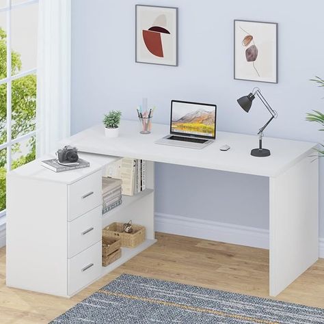 Amazon.com: HSH White L Shaped Desk with Drawers Shelves, 360 Rotating L Shape Computer Desk with Storage Cabinet, Corner Home Office Desk Computer Table，55 Inch : Home & Kitchen Corner Home Office, L Shaped Desk With Drawers, White L Shaped Desk, L Shaped Desk With Storage, Computer Desk With Storage, Industrial Home Offices, L Shape Desk, Wood Computer Desk, Home Office Computer Desk