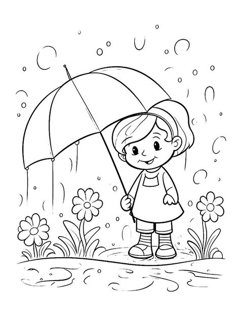 Monsoon Drawings For Kids, Rain Drawing For Kids, Spring Pictures For Kids, Rainy Day Drawing Easy, Rainy Day Drawing For Kids, Drawings For Kids To Color, Raining Drawing, Drawing For Kindergarten, Rain Drawing