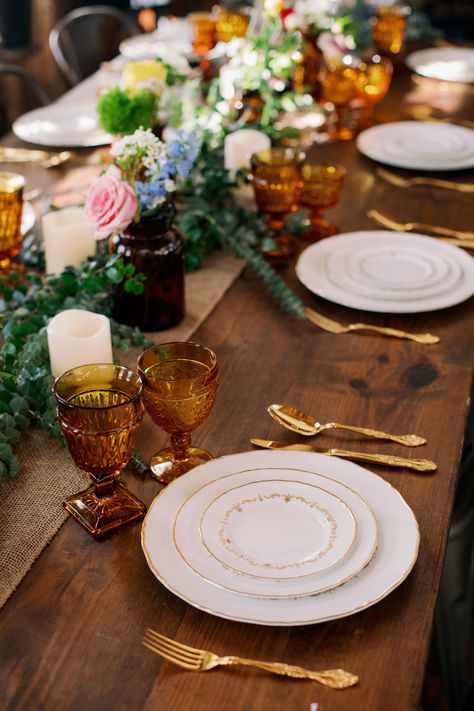 Brunch Table Setting, Neutral Wedding Inspiration, Wedding Goblets, Vintage Table Setting, Magnolia Collection, Wedding Glassware, Amber Glassware, Burnt Orange Weddings, Modern Tableware