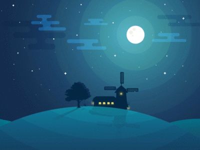 Night Hill Animated Animated Landscape Gif, Animated Sky, Dreaming Illustration, Animated Scenery, Goodnight Gifs, Land Illustration, Gif Illustration, Gif Wallpaper, Wind Mill