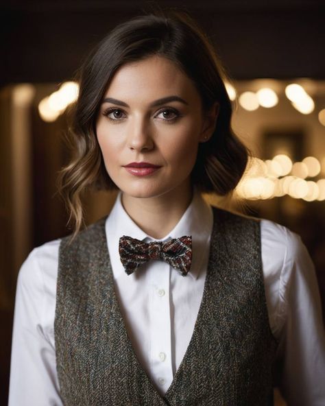 Prompt: Australian woman in her 20s, wearing a trendy tweed suit with a patterned bow tie and a contrasting vest Women In Bow Ties Outfit, Tie For Women Outfits, Bow Tie Outfits For Women, Woman In Her 20s, Tomboy Clothes, Bow Tie Women, Tie Outfit, Tweed Suit, Tie For Women