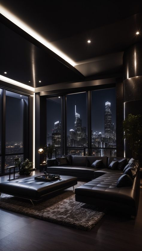 Dark luxury house in a city Black Luxury House, Apartamento New York, Dark Modern House, Penthouse Aesthetic, Penthouse Interior, Penthouse Design, Dark Modern, Dark Living Rooms, Dream Apartment Decor