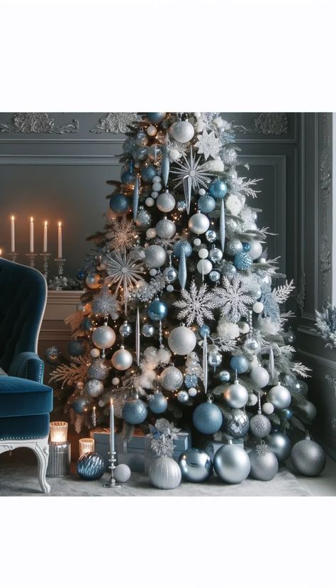 🎄 21 Stunning Elegant Christmas Tree Decorating Ideas You Must Try This Holiday Season! ✨ Natal, Blue White And Silver Christmas Tree Decorating Ideas, Cinderella Themed Christmas Tree, Christmas Tree White And Blue, Blue White Silver Christmas Tree, Blue Silver And White Christmas Tree, Navy Blue Christmas Tree Color Schemes, Christmas Decor Ideas Blue And Silver, Light Blue Christmas Tree Decorations