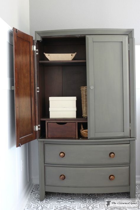 TV-Armoire-Makeover-15-683x1024 TV Armoire to Functional Wardrobe Makeover DIY One_Room_Challenge Painted Furniture Redone Wardrobe Furniture, Guest Room Armoire, Armoire Diy Makeover, Diy Tv Armoire, Tv Amoire Ideas, Armoir Makeover Diy, Painting Armoire Ideas, Wardrobe Refurbish, Wardrobe Furniture Flip