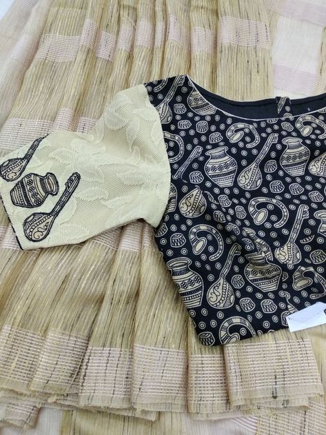 Jute Saree Blouse Designs, Western Blouse Designs, Jute Saree, White Blouse Designs, Kalamkari Blouse Designs, Saree With Designer Blouse, Jute Sarees, Black Blouse Designs, 50 Blouse Designs