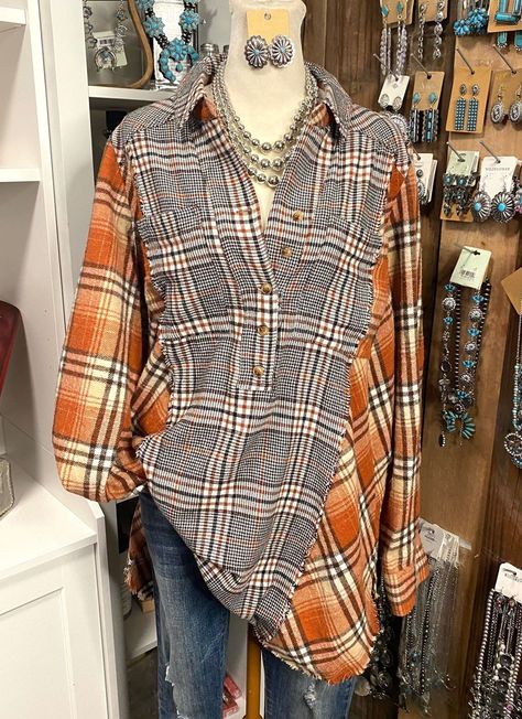 Fall Into fall with awesome orange plaid shirt with raw edges length: 30" 100% Cotton Refashion Clothes Upcycling, Flannel Upcycle, Boho Flannel, Cats Health, Patchwork Overalls, Clothes Alterations, Upcycled Tshirt, Recycled Shirts, Reworked Clothing