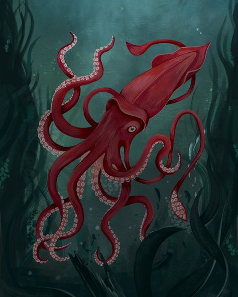 Big Squid is a gouache painting I did a few years ago just for fun. Every so often I return to her for a bit of an update to see where I'm at now and how I'm enjoying working at the moment, we're probably on V3.0 here.  My focus historically has been decorative design and botanical art, this being the case scenic backgrounds are something I've neglected/ avoided for decades. Getting to grips with digital painting is helping me overcome some of the blocks I had in this area and I'm enjoying cr... Giant Squid Drawing, Squid Painting, Squid Illustration, Squid Art, Squid Drawing, Big Squid, Scenic Backgrounds, Giant Squid, Sea Painting