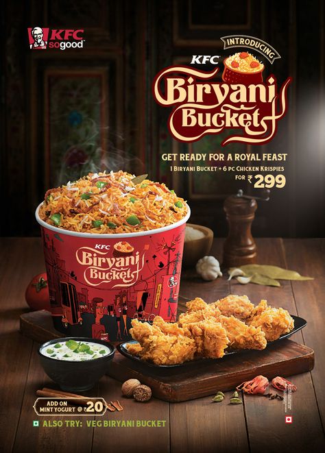 KFC Biryani Bucket on Behance Design Cibo, Food Advertisement, Veg Biryani, Mint Yogurt, Flyers Design, Food Banner, 광고 디자인, Food Menu Design, Food Advertising