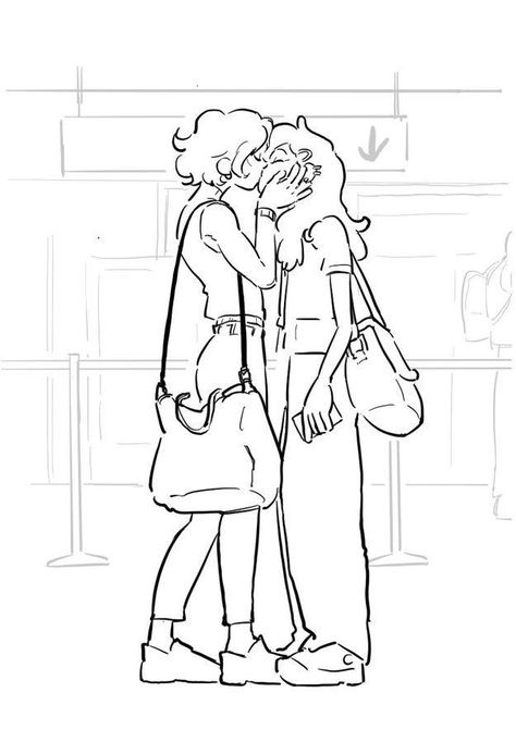 Sketch Of Lesbian Couple, Drawing Body Poses 3 People, Character Art Couple Cute, Cute Oc Poses, Girlfriends Drawing Reference, Oc Art Poses, Art Reference Poses Lesbian Couple, Lesbian Couple Pose Reference Drawing, Wlw Art Cute