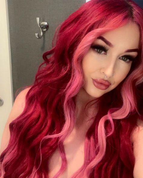 Bright Red Hair With Pink Highlights, Magenta And Red Hair, Hot Pink And Light Pink Hair, Red And Hot Pink Hair, Vivid Summer Hair Color, Vampire Aesthetic Hair, Pink Hair With Roots, Dark Roots Red Hair, Red Hair With Pink Money Piece