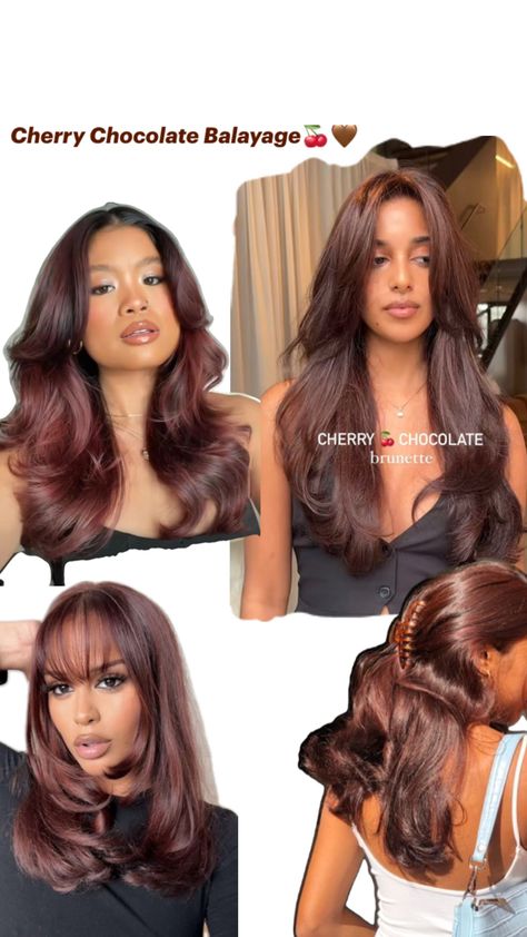 Chocolate Red Hair, Plum Brown Hair, Chocolate Brunette Hair, Cherry Cola Hair Color, Chocolate Balayage, Cherry Cola Hair, Red Balayage Hair, Cherry Hair Colors, Plum Hair