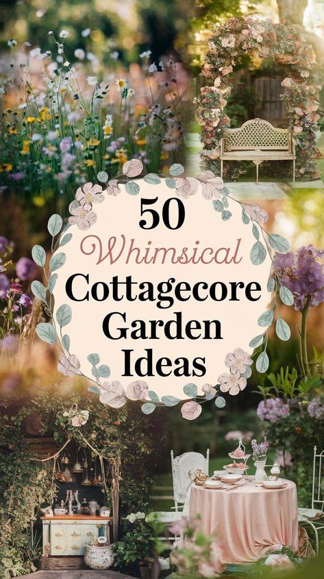 Collage of cottagecore garden images, featuring wildflowers, a floral arch with a bench, a rustic outdoor dining setup, and delicate flowers. Center text reads: Transform Your Space: 50 Whimsical Cottagecore Garden Ideas in elegant script. Flower Garden Around House, Cozy Cottage Backyard, Cottage Core Patio Ideas, Cottagecore Porch Ideas, Cottage Style Garden Ideas, Darling Desi Cottagecore, Dreamy Garden Aesthetic, Moody Spring Aesthetic, Woodland Cottage Aesthetic