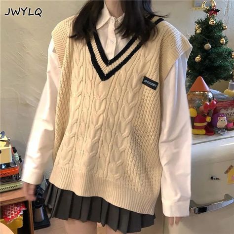 none Korean Fashion Kawaii, Oversized Korean Fashion, Kawaii Casual, Black Sweater Vest, Apricot Sweater, Sweater Vest Outfit, Sleeveless Sweater Vest, Sleeveless Jumper, Sweater Vest Women