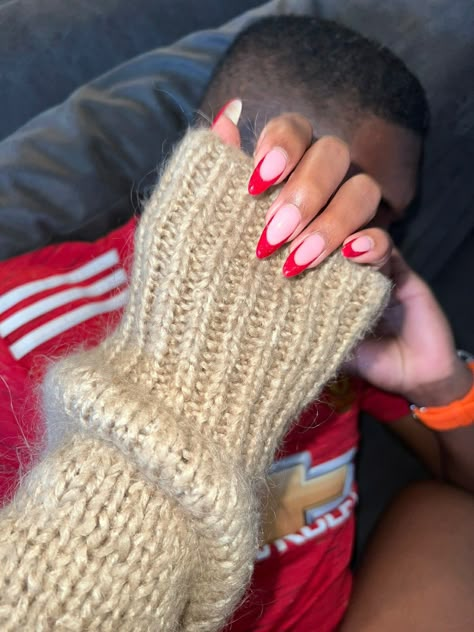 Pink Nails Red French Tip, Thick Red French Tip, Pink Nail Red Tip, French Nails With Red Tips, Pink Nails With Red French Tip, Red French Tip Nails With Rhinestones, Red Almond Nails French Tip, Red Almond French Tip Nails, Pink Nails With Red Tips