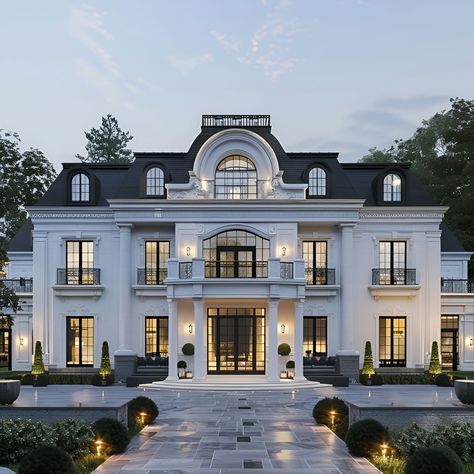 Discover a luxurious Scandinavian mansion featuring a classic white facade, intricate architectural details, and expansive windows. This three-story masterpiece has wrought-iron balconies, a grand archway, and tall double doors. The meticulously landscaped garden boasts symmetrical hedges, topiary trees, and a paved driveway illuminated by elegant lighting. Experience the refined, timeless charm of this opulent mansion, perfect for those seeking sophisticated elegance. Grand House Exterior, Scandinavian Mansion, Mansions Luxury Exterior, Classic Facade Design, Double Fronted House, Chateau Aesthetic, Chic Architecture, French Style Mansion, French Chateau Style Homes