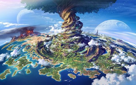 "Labyrinth of the World Tree" by Yuji Himukai (Digital, 2014). - Imgur Symbole Viking, Earth Illustration, Fantasy Tree, Earth Atmosphere, Giant Tree, Fantasy City, Tree Wallpaper, 판타지 아트, Environmental Art