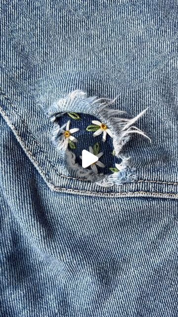 Mending Holes With Embroidery Flower, Embroider Holes In Clothes, Inbrodery Ideas, Embroidery Magic, Learning To Embroider, Denim Embroidery, Make Do And Mend, Needle Crafts, Sewing Stitches