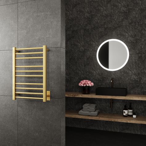 Cronos Towel Warmer in Gold 31 x 26 Heated Towel Warmer, Backlit Bathroom Mirror, Electric Towel Warmer, Modern Towels, Led Mirror Bathroom, Towel Warmer, Heated Towel, Drying Towels, Led Mirror