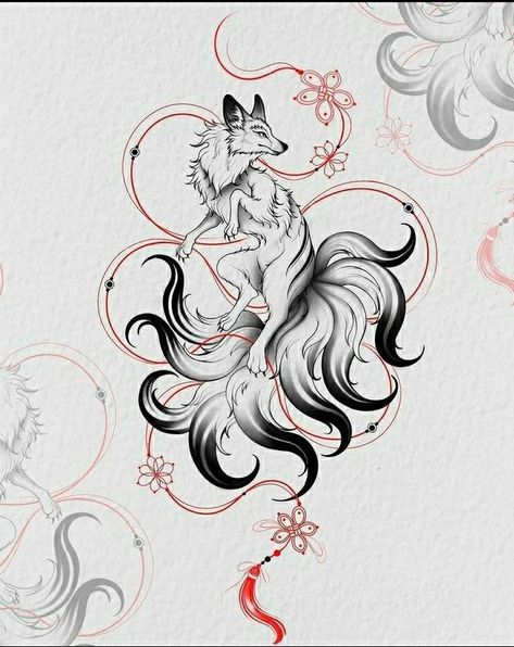 Tattoo Fox Design, White Fox Tattoo, 9 Tailed Fox Tattoo, Nine Tailed Fox Tattoo, Kitsune Art, Fox Tattoo Design, Woodcut Tattoo, Magic Runes, Astrology Tattoo