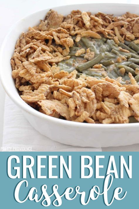 Easy green bean casserole with canned green beans is a go-to side dish at our house! The best make ahead Thanksgiving side dish, and everyone loves it, even the kids! #greenbeanrecipes #greenbeans #greenbeancasserole #frenchsfriedonions #greenbeancasseroleeasy #greenbeancasserolecampbells #makeaheadthanksgivingsides #makeaheadsides #thanksgivingsides #thanksgiving #thanksgivingrecipes #easythanksgiving #thanksgivingsidedish Slow Cooker Green Bean Casserole, Easy Green Bean Casserole, Canned Green Bean Recipes, Gluten Free Green Bean Casserole, Fresh Green Bean Casserole, Canned Green Beans, Green Bean Casserole Campbells, Delicious Green Beans, Best Green Bean Casserole