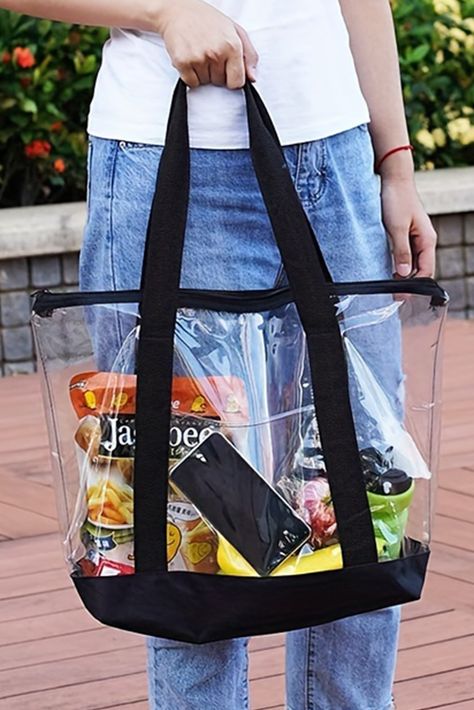 $4.59 Black Contrast Trim Zipped Clear Tote Bag Wholesale Clear Purses, Clear Tote Bags, Transparent Bag, Clear Bags, Mua Sắm, Beach Tote Bags, Beach Tote, Black Accents, Contrast Trim