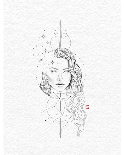 Virgo Linework Tattoo, Virgo Tattoo Geometric, Virgo Tattoo Goddesses Greek Mythology, Virgo Sketch, Virgo Aesthetic Tattoo, Virgo Fine Line Tattoo, Virgo Drawing Sketch, Zodiac Goddess Tattoo, Virgo Art Drawing