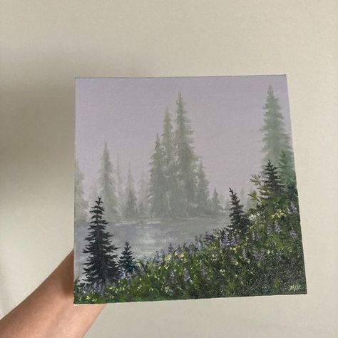 Simple Woods Painting, Foggy Painting, Foggy Forest Painting, Emo Bedroom, Forest Paintings, Fog Art, Forest Landscape Painting, Tree Painting Canvas, Sky Art Painting