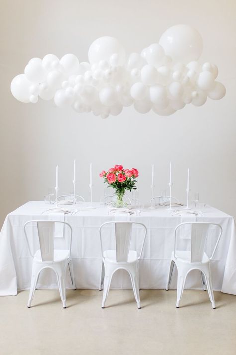 White Balloon Clouds, First Birthday Cloud Theme, Balloon Cloud Centerpiece, Balloon Clouds Decoration, Cloud Themed Birthday Party, Cloud Table Decor, Cloud Dessert Table, Ballon Clouds, Cloud Theme Centerpieces