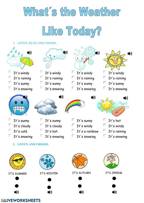 Weather interactive worksheet for 1º-6º. You can do the exercises online or download the worksheet as pdf. Weather Worksheets For Kids, What Is The Weather Like Today, What’s The Weather Activities, Esl Weather Activities, What Is The Weather Like Worksheet, Weather Esl Worksheet, Weather Quiz, Weather In English, Weather For Kids