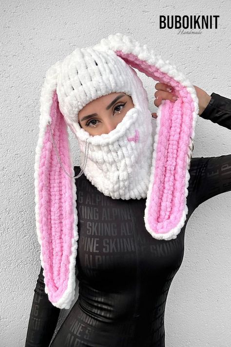 Bunny Ear Balaclava, Paper Art Tutorial, Handmade Mask, Crochet Mask, White Bunny, Ski Fashion, Crochet Bear, Diy Crochet Projects, Crochet Bunny