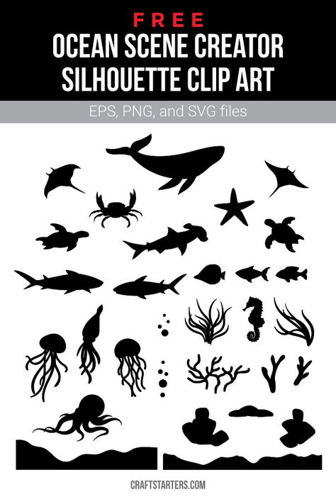 Ocean Silhouette Painting, Under The Sea Silhouette Art, Ocean Animal Silhouette, Ocean Svg Free, Sea Life Silhouette, Sea Creature Silhouettes, Underwater Silhouette, Sea Animal Silhouette, Squid Silhouette