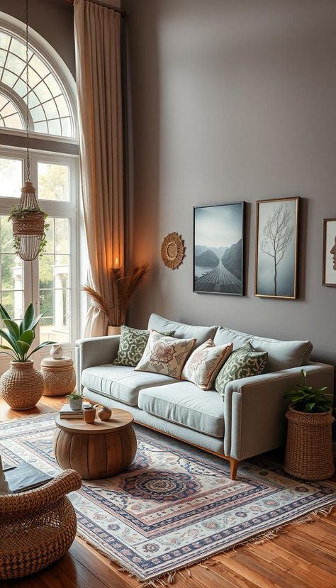 Combine boho chic style with cozy elements to create a unique living room. Layer textures, mix patterns, and add plants for a bohemian vibe. #BohoDecor #CozyLiving #EclecticStyle Boho Living Room White Walls, Light Boho Living Room, Pop Of Color Living Room, Minimalist Bohemian Living Room, Ottoman Interior, White Walls Living Room, Cozy Living Room Decor, Hangout Room, Cozy Den