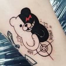 Monokuma Tattoo, Danganronpa Tattoo Ideas, Gloomy Bear Tattoo Ideas, Danganronpa Tattoo, Dr Tattoo, Bear Tattoo, Hand Tattoos For Women, Anime Tattoos, Simplistic Tattoos