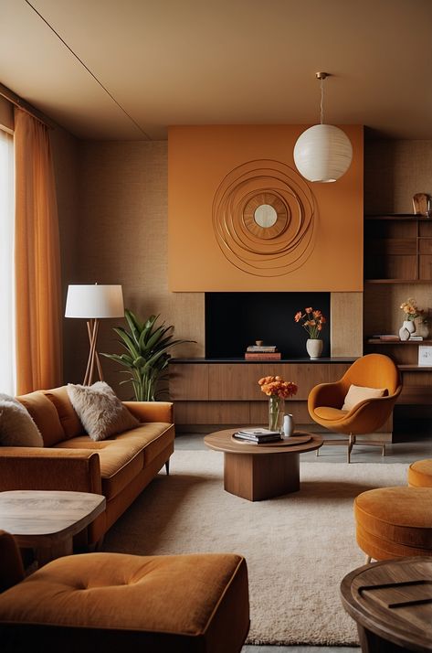 Modern 70s Living Room Ideas Living Room Designs 70s Modern, 60s Mod Living Room, 1970 Interior Design Mid Century Modern, 70s Hollywood Interior, Contemporary Mcm Living Room, 70s Lounge Aesthetic, 1970s Furniture Living Rooms, Mid Century Retro Living Room, Retro Minimalist Living Room