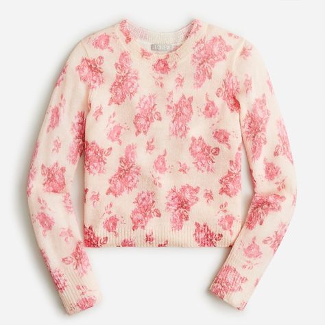 J Crew Women, Floral Sweater, Jcrew Women, Cool Sweaters, Printed Sweater, Rose Garden, Sweater Sleeves, Crewneck Sweater, Pink Sweater