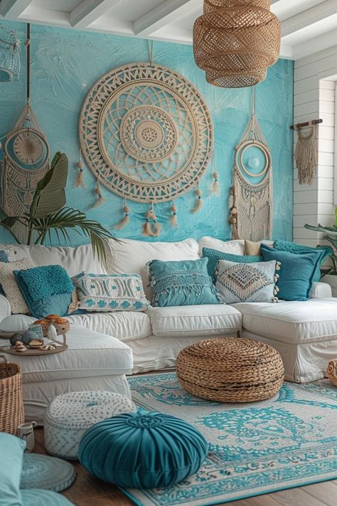 Vibrant Boho Living Room, Beach Style Home Decor, Ocean Inspired Living Room, Coastal Eclectic Decor, Beach Homes Interiors, Florida Room Ideas, Home Relaxation Room, Beach Boho Living Room, Boho Beach Living Room