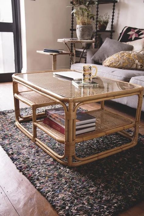 Rattan And Glass Coffee Table, Bamboo Living Room Furniture, Rattan Coffee Table Living Room, Vintage Bamboo Furniture, Ratan Furniture, Cane Coffee Table, Bamboo Coffee Table, Wicker Coffee Table, Display Coffee Table