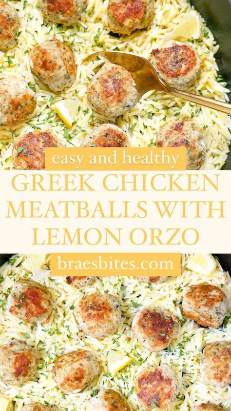 Baked Sage Chicken Meatballs With Orzo, Lemon Orzo Meatball, Country Club Chicken, Easy Greek Chicken Meatballs With Lemon Orzo, Chicken Meatball Orzo Recipes, Dinner For 1 Ideas, Lemon Chicken Meatballs With Orzo, Orzo With Meatballs, Greek Meatballs And Orzo