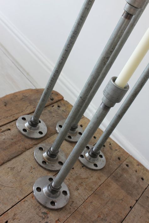 Urban Industrial Iron and Galvanised Steel Polished Screwed Pipe Candlestick Holders - set of five by www.inspiritdeco.com Recycled Bike Parts, Lamp Pipes, Pipe Desk, Pipe Table, Industrial Table Lamp, Scaffold Boards, Desk Inspiration, Pipe Furniture, Urban Furniture