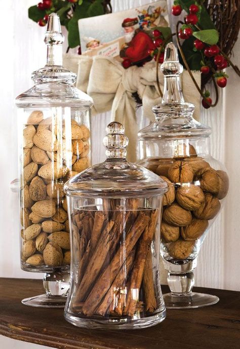 27 Ways To Fill Your Apothecary Jars - Blush & Pearls Christmas Candy Display, Jars In Kitchen, Apothecary Jars Decor, Apothecary Decor, Kitchen Island Decor, Kitchen Organisation, Kitchen Counter Decor, Jar Decor, Counter Decor