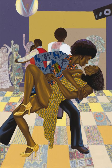 "Asa Mu Odo" (Love In Dance) Fabric collage, fabric transfer and acrylic on canvas 182cm x 122cm 2024  On view @omenaigallery Black People Dancing, Dancing Artwork, Collage Fabric, Afrofuturism Art, Dancing Art, I Love Being Black, Contemporary African Art, Black Inspiration, Afrocentric Art