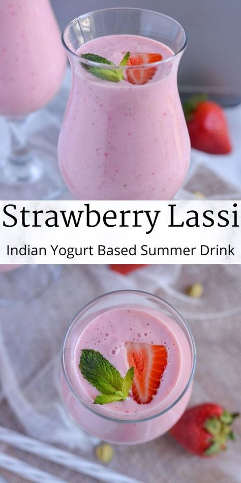 Strawberry Drink Ideas, Drinking Yogurt, Indian Yogurt Drink, Indian Food Recipes Dessert, Indian Lassi, Strawberry Smoothie Recipe Healthy, Yogurt Drink, Beverage Recipes, Lassi Drink Recipe