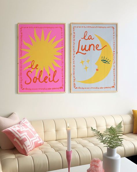 It’s your favourite! ☀️🌙 of all the Tulastra prints, I’d say le Soleil and la Lune sun and moon prints are the best sellers - especially mixing and matching the colours 😍 Choose from pale blue, hot pink or summery orange 💙🩷🧡 Which colours would you pick? #dreamyinteriors #colourfulinteriors #happywalls #interiorinspo #artprints #printdesign #gallerywall Painting Wall Decor Ideas, Art For Bedroom Walls, Blue And Orange Art, Bedroom Wall Prints, Relatable Art, Painting Colourful, Bedroom Painting, Matching Prints, Colourful Prints