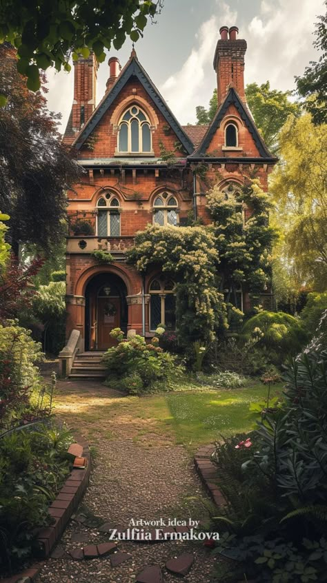 Victorian house. Classic red brick. My fantasy art created with AI. Mi... | TikTok Victorian Forest House, 90s Victorian House, Brick Victorian Exterior, Spiderwick Chronicles House, Classic Victorian House, Victorian House Backyard, Orange Victorian House, Victorian Brick House, Building References Architecture