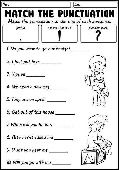 Improve your child's grammar and punctuation skills with our grade 1 punctuation worksheets. Help your child recognize and use periods, question marks, and exclamation points correctly. Start practicing today for better writing and language comprehension. #Grade1Grammar #PunctuationPractice #ElementaryEnglish #punctuationworksheetsgrade Second Grade Grammar Worksheets, Kindergarten Punctuation Activities, Punctuation Worksheets 2nd Grade, Grammar Games For Kids, Capital Letters Worksheet, Worksheets For Grade 1, Punctuation Worksheets, Kindergarten Colors, Worksheets For Grade 3