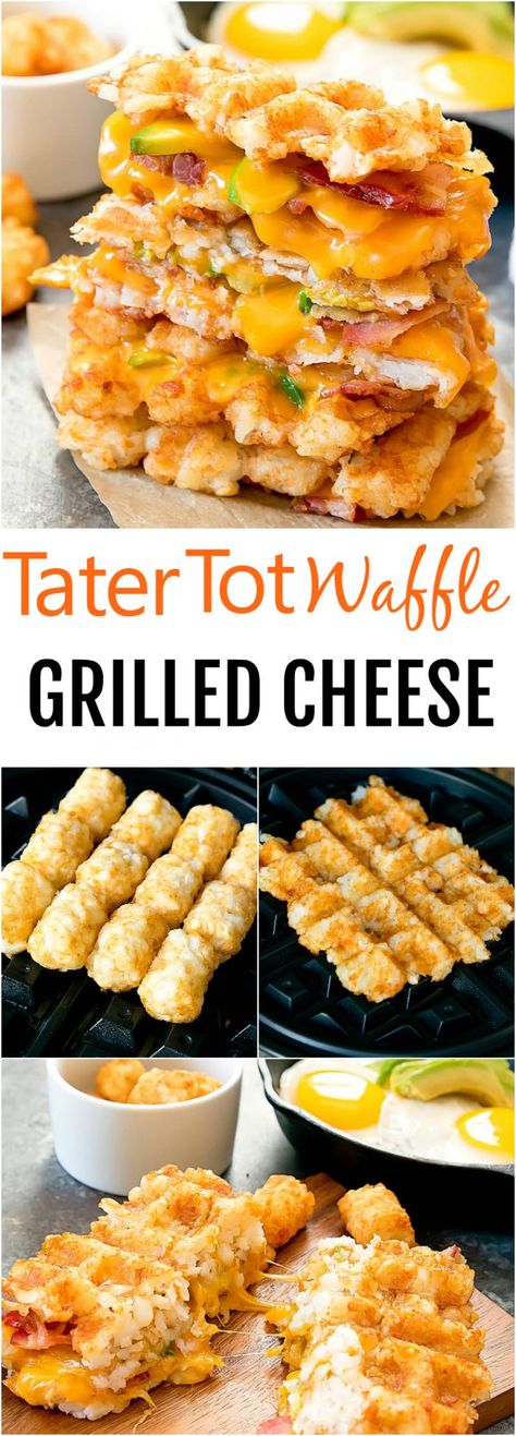 Tot Waffle, Waffle Grilled Cheese, Tater Tot Waffle, Breakfast Grilled Cheese, Bacon Recipes Breakfast, Grilled Cheese Waffles, Waffle Iron Recipes, Breakfast Sandwich Maker, Waffle Maker Recipes