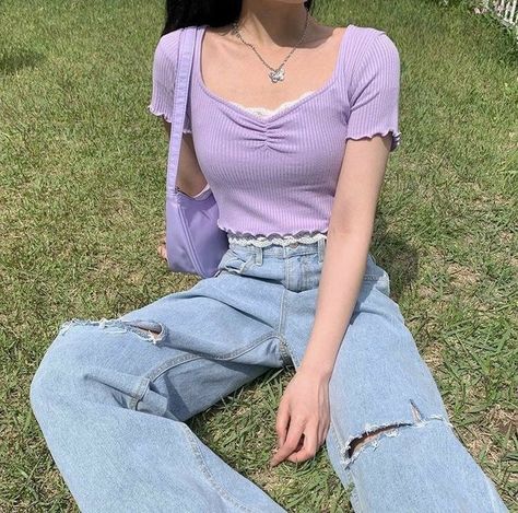 Light Purple Outfit, Soft Girl Outfits, Purple Outfits, Korean Girl Fashion, Crop Top Outfits, Kpop Fashion Outfits, Fashion Mode, Nara, Korean Outfits